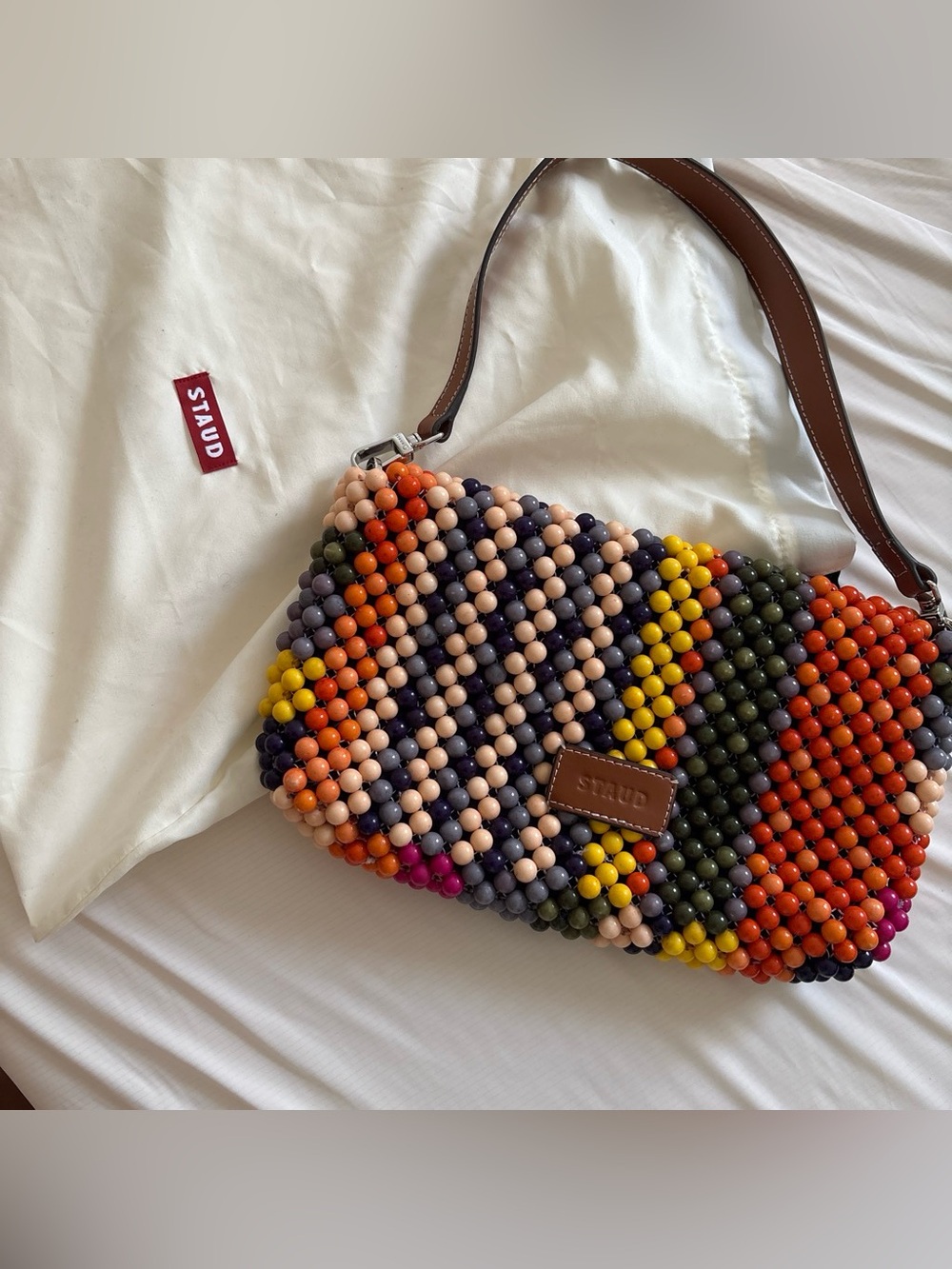 STAUD purse Timmy Multicolor Beaded Shoulder Bag Tan Leather Strap - Picture 3 of 3